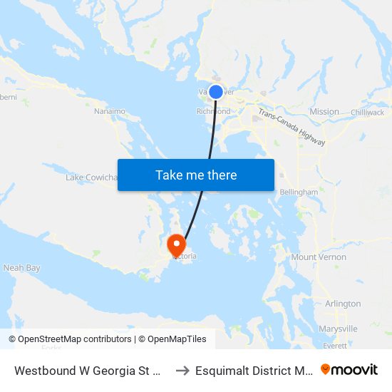 Westbound W Georgia St @ Seymour St to Esquimalt District Municipality map