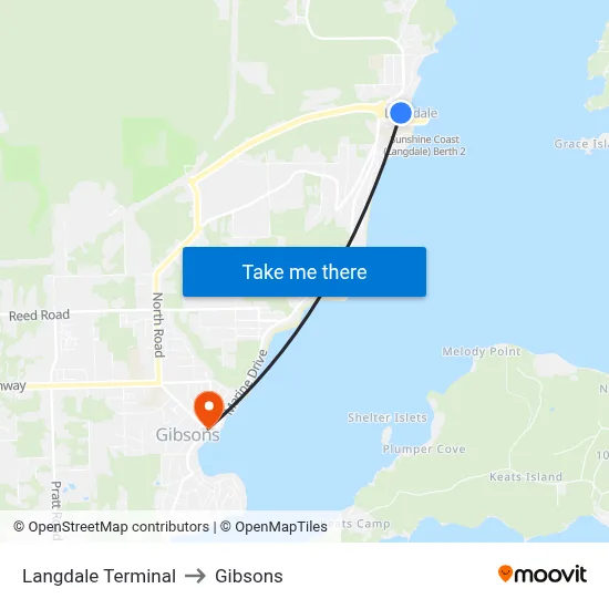 Langdale Terminal to Gibsons map