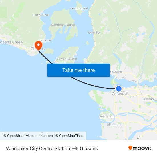 Vancouver City Centre Station to Gibsons map