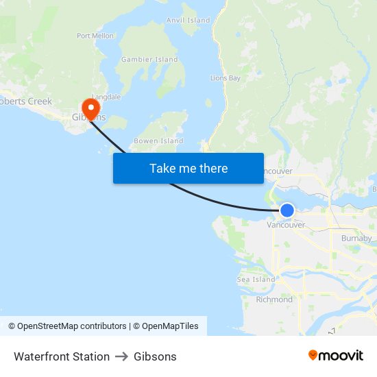 Waterfront Station to Gibsons map