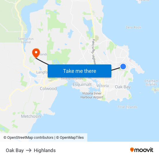 Oak Bay to Highlands map