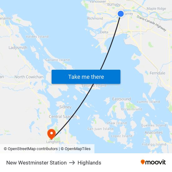 New Westminster Station to Highlands map