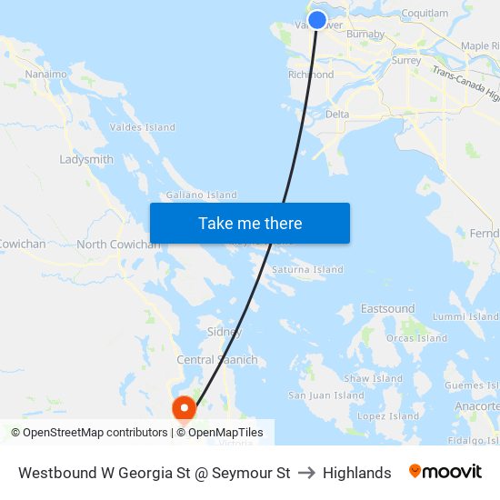Westbound W Georgia St @ Seymour St to Highlands map