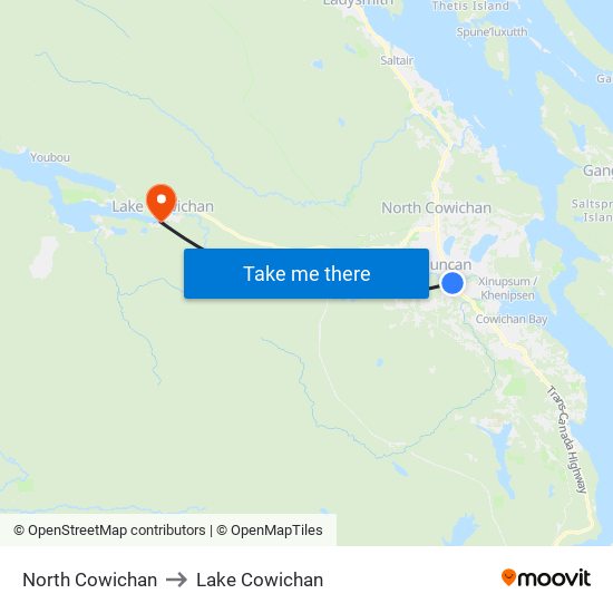 North Cowichan to Lake Cowichan map