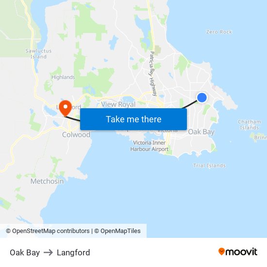Oak Bay to Langford map