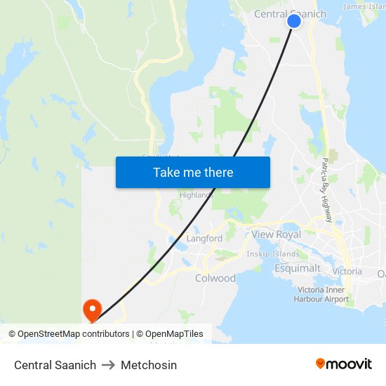 Central Saanich to Metchosin map