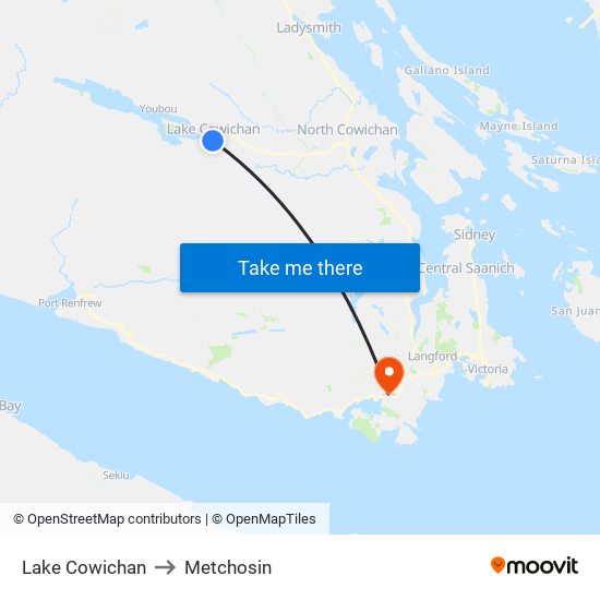 Lake Cowichan to Metchosin map