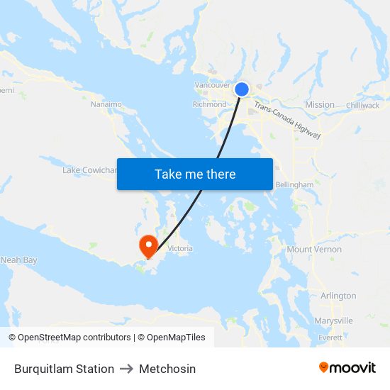 Burquitlam Station to Metchosin map