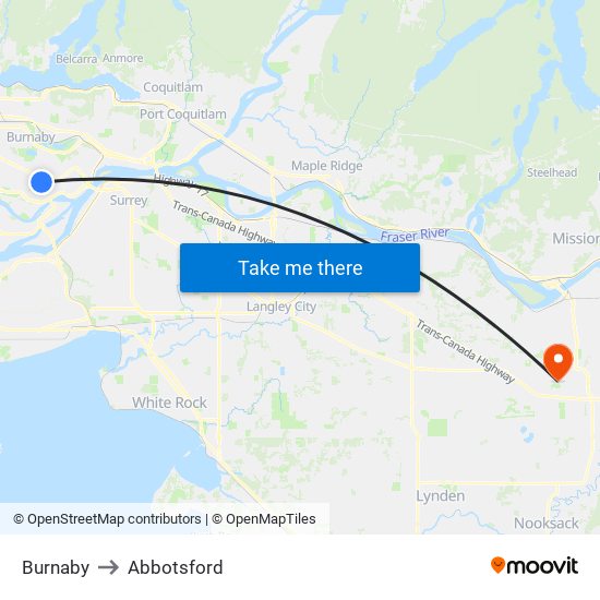 Burnaby to Abbotsford map