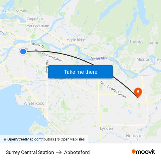 Surrey Central Station to Abbotsford map