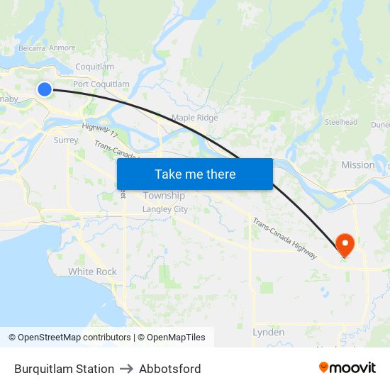 Burquitlam Station to Abbotsford map