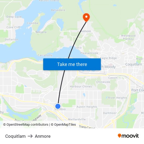 Coquitlam to Anmore map