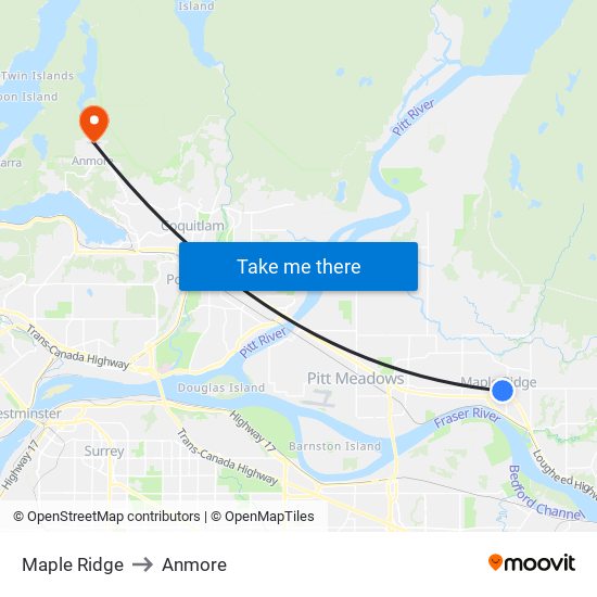 Maple Ridge to Anmore map