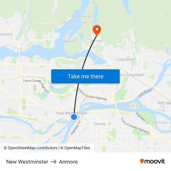 New Westminster to Anmore map