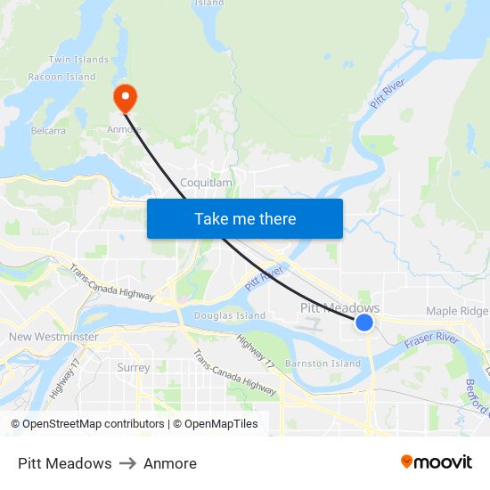 Pitt Meadows to Anmore map