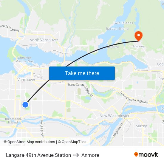 Langara-49th Avenue Station to Anmore map