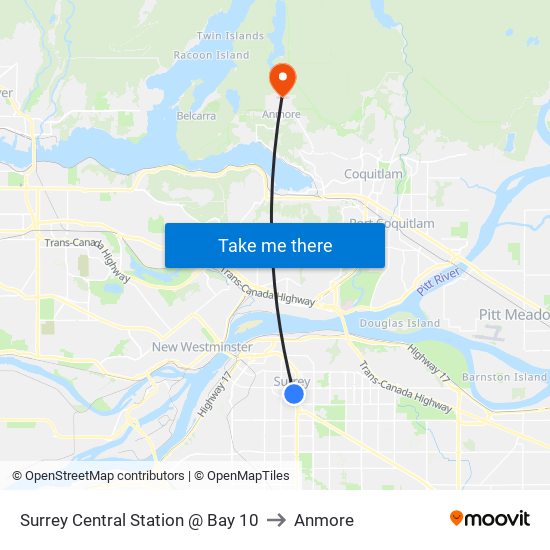 Surrey Central Station @ Bay 10 to Anmore map