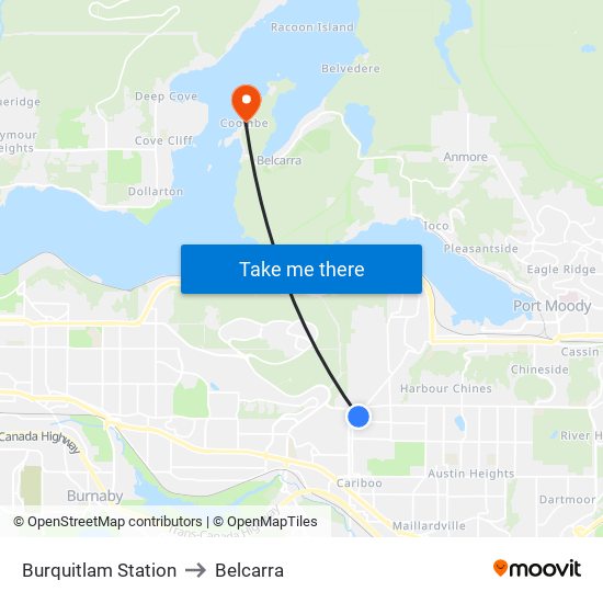 Burquitlam Station to Belcarra map