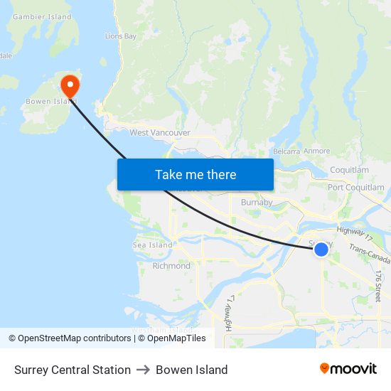 Surrey Central Station to Bowen Island map