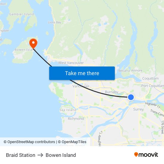 Braid Station to Bowen Island map