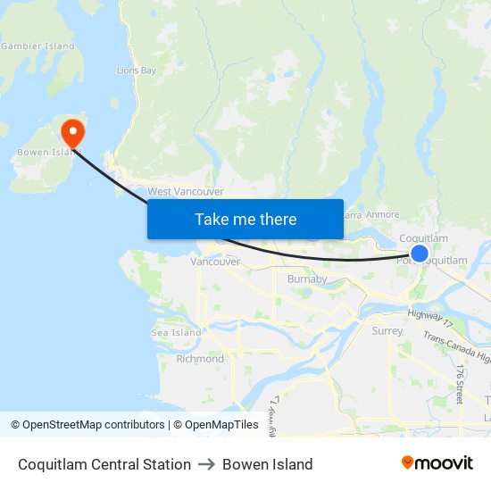 Coquitlam Central Station to Bowen Island map