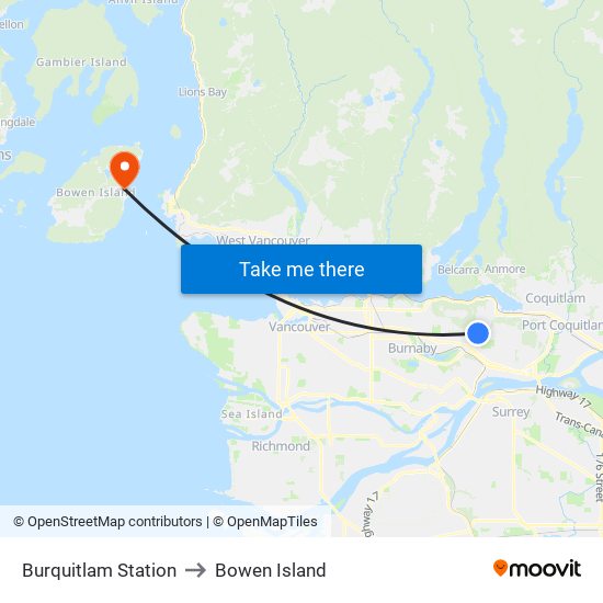 Burquitlam Station to Bowen Island map