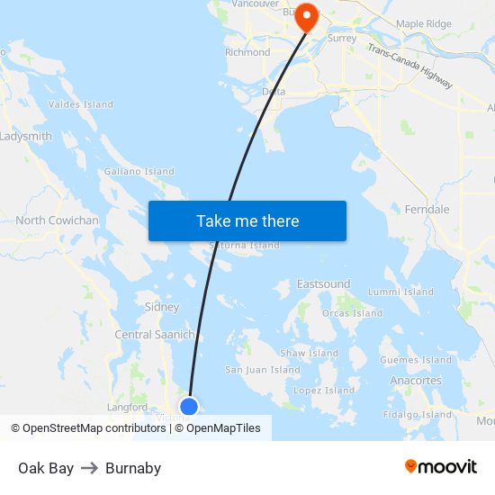 Oak Bay to Burnaby map