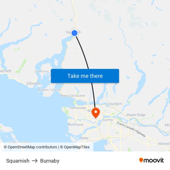 Squamish to Burnaby map