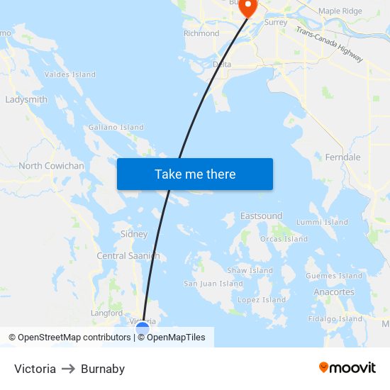 Victoria to Burnaby map