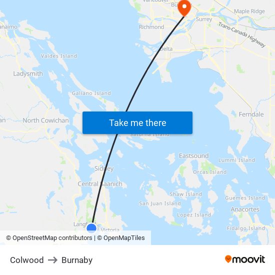Colwood to Burnaby map