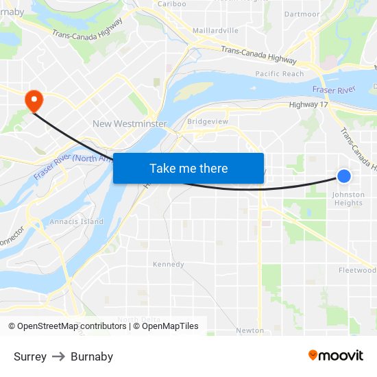 Surrey to Burnaby map