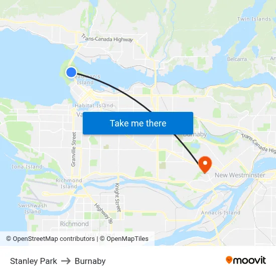 Stanley Park to Burnaby map