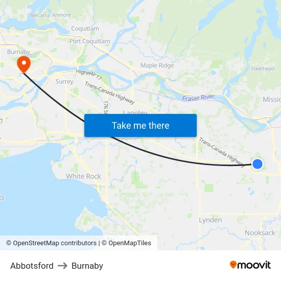 Abbotsford to Burnaby map