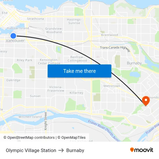 Olympic Village Station to Burnaby map
