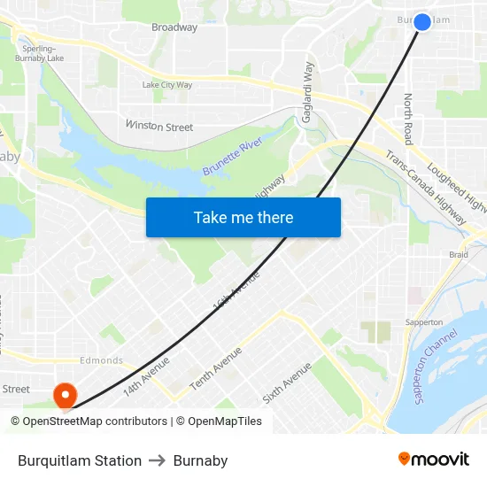 Burquitlam Station to Burnaby map