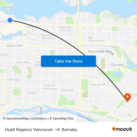 Hyatt Regency Vancouver to Burnaby map