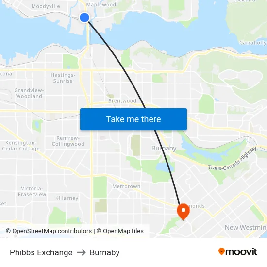 Phibbs Exchange to Burnaby map