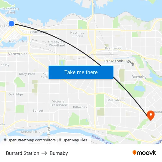 Burrard Station to Burnaby map