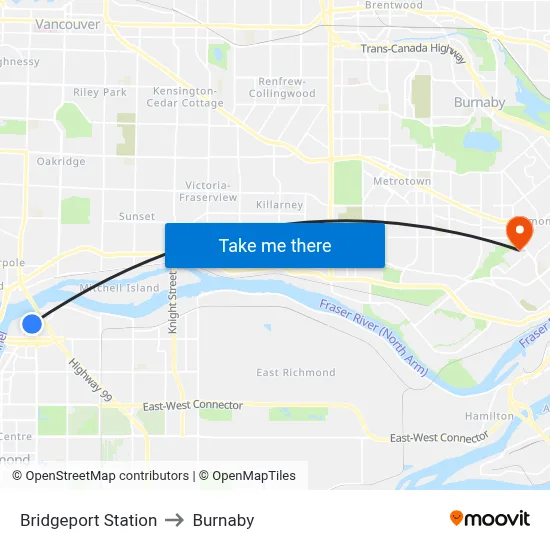 Bridgeport Station to Burnaby map