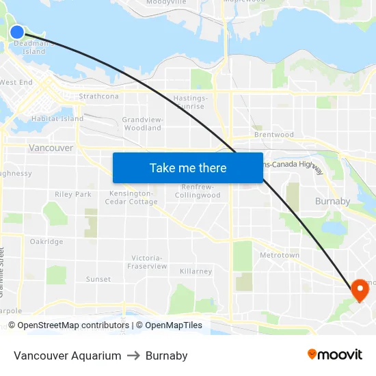 Vancouver Aquarium to Burnaby map