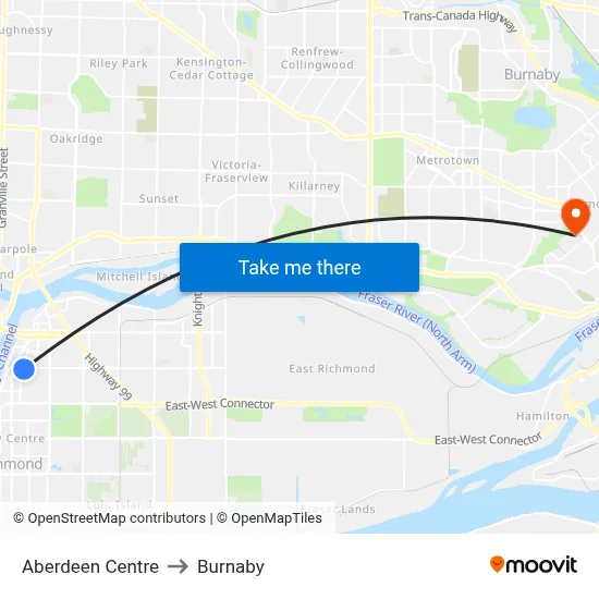 Aberdeen Centre to Burnaby map