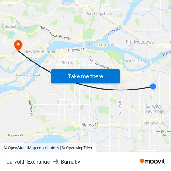 Carvolth Exchange to Burnaby map
