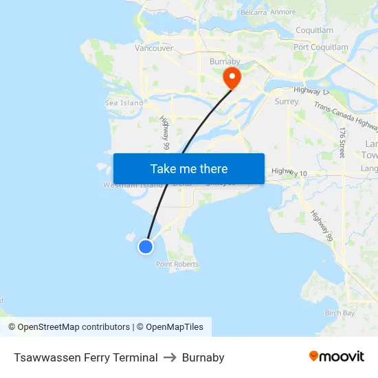 Tsawwassen Ferry Terminal to Burnaby map