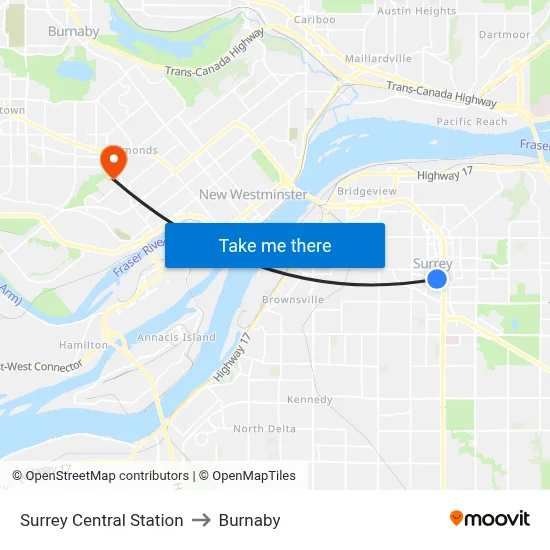 Surrey Central Station to Burnaby map