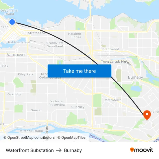 Waterfront Substation to Burnaby map