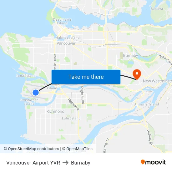 Vancouver Airport YVR to Burnaby map