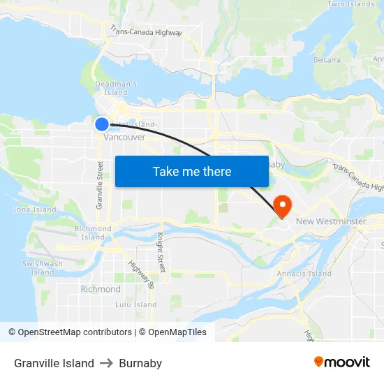 Granville Island to Burnaby map