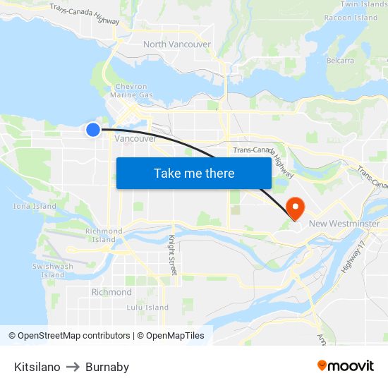 Kitsilano to Burnaby map