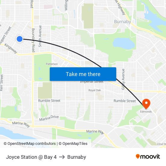 Joyce Station @ Bay 4 to Burnaby map