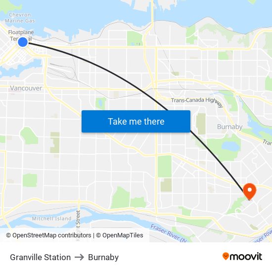 Granville Station to Burnaby map